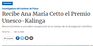 Recibe Ana María Cetto el Premio Unesco- Kalinga.